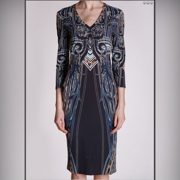 New Roberto Cavalli Black Printed Jersey Sheath Dress. Made In Italy.